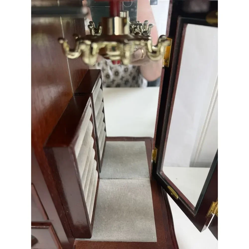 Vintage Wooden Jewelry Armoire Box Mahogany Glass Door w/ 4 drawers Grannycore